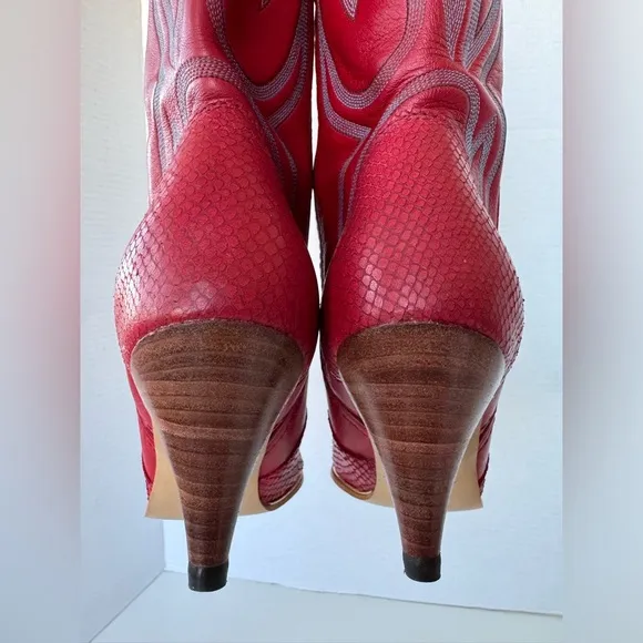 Vintage 80s Jeenz Bootz Red Leather Heel Cowboy Cowgirl Boots Size 7.5 *Flaws