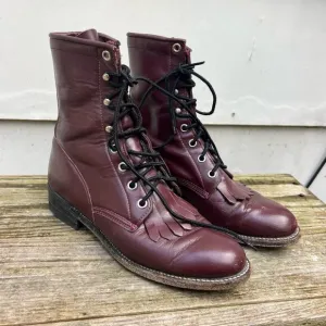 Vintage 80s Justin Boots Dark Cherry Lace Up Roper Kilte Fringe Cowgirl 5.5B