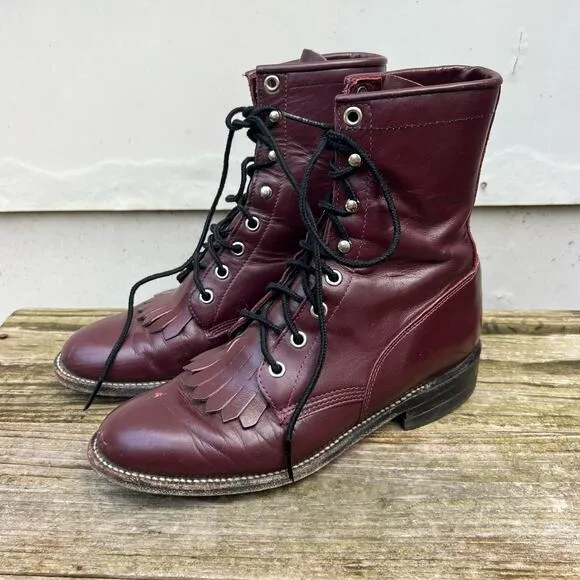 Vintage 80s Justin Boots Dark Cherry Lace Up Roper Kilte Fringe Cowgirl 5.5B