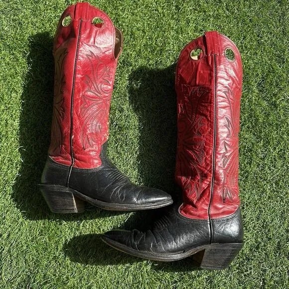 Vintage 80s Nocona Black Red Buckaroo Cowboy Western Boots 6.5D