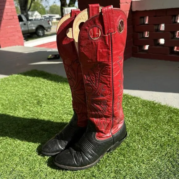 Vintage 80s Nocona Black Red Buckaroo Cowboy Western Boots 6.5D
