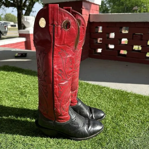 Vintage 80s Nocona Black Red Buckaroo Cowboy Western Boots 6.5D