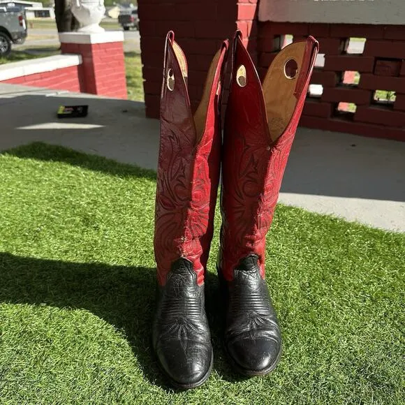 Vintage 80s Nocona Black Red Buckaroo Cowboy Western Boots 6.5D
