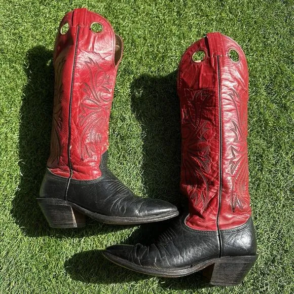 Vintage 80s Nocona Black Red Buckaroo Cowboy Western Boots 6.5D