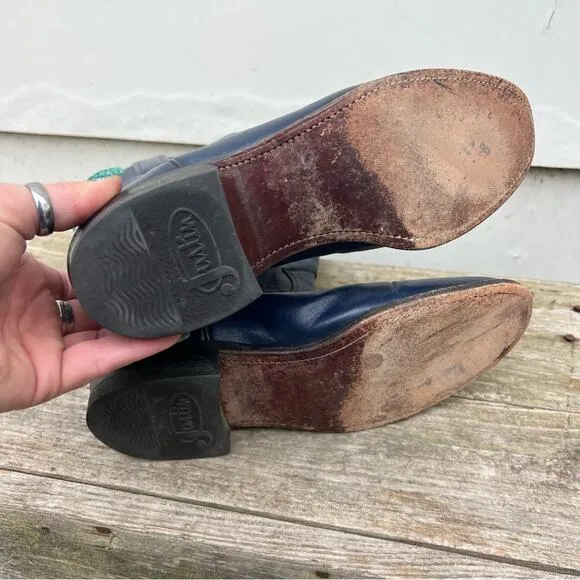 Vintage 90s Justin Roper Navy Blue Cowgirl Western Pull On Leather Boots 6 1/2B