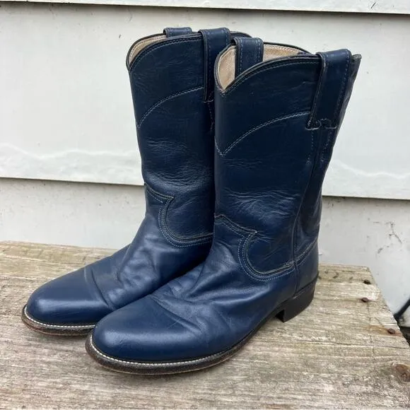 Vintage 90s Justin Roper Navy Blue Cowgirl Western Pull On Leather Boots 6 1/2B
