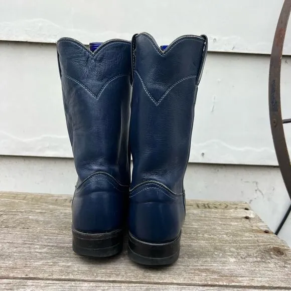 Vintage 90s Justin Roper Navy Blue Cowgirl Western Pull On Leather Boots 6 1/2B