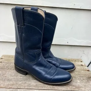 Vintage 90s Justin Roper Navy Blue Cowgirl Western Pull On Leather Boots 6 1/2B