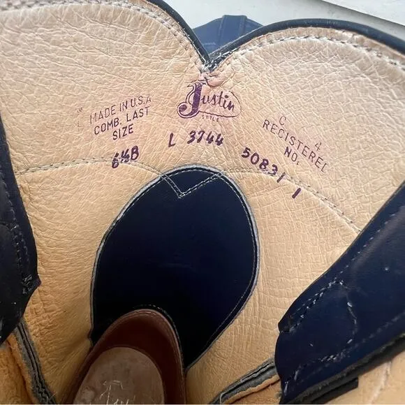 Vintage 90s Justin Roper Navy Blue Cowgirl Western Pull On Leather Boots 6 1/2B