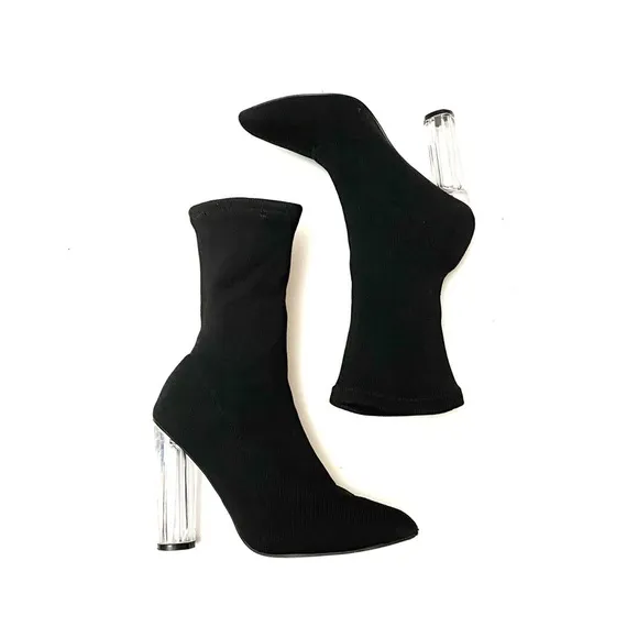 Vintage 90s stretchy black lucite heel ankle boots