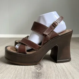 Vintage 90s Y2K Candies Chunky Platforms Sandals Heels Size 10 Brown Leather
