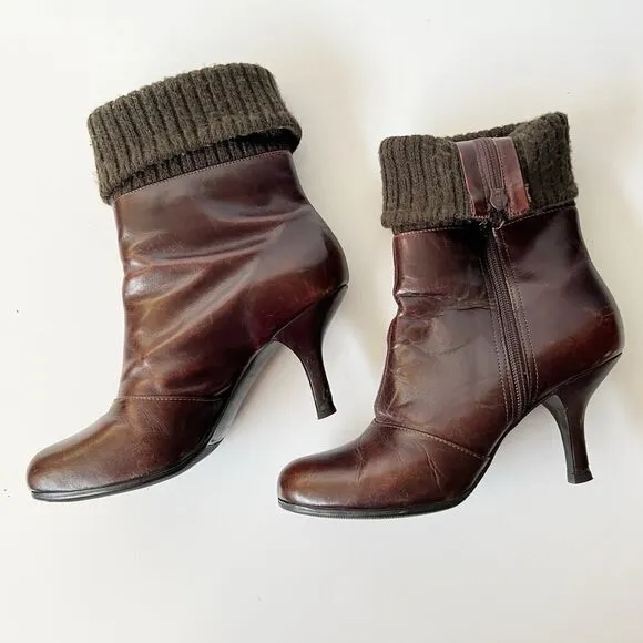 Vintage 90s Y2K unique chunky heeled ankle boots mid calf artsy sweater trim 8