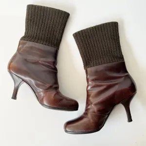 Vintage 90s Y2K unique chunky heeled ankle boots mid calf artsy sweater trim 8