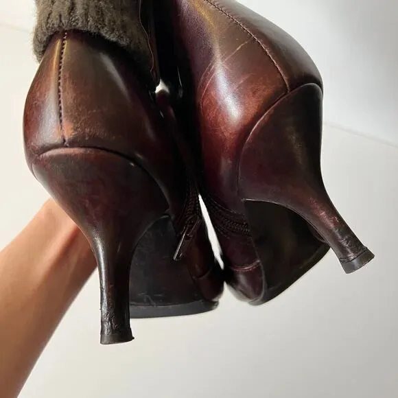 Vintage 90s Y2K unique chunky heeled ankle boots mid calf artsy sweater trim 8