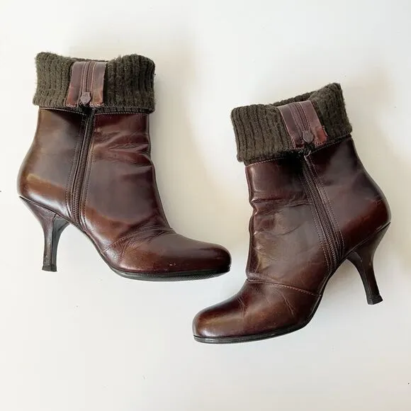 Vintage 90s Y2K unique chunky heeled ankle boots mid calf artsy sweater trim 8