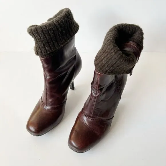 Vintage 90s Y2K unique chunky heeled ankle boots mid calf artsy sweater trim 8