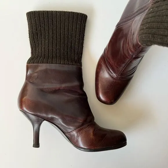Vintage 90s Y2K unique chunky heeled ankle boots mid calf artsy sweater trim 8