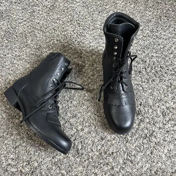 Vintage Acme Women's Black Leather Western Kiltie Lace Up Boots Roper 5 New READ