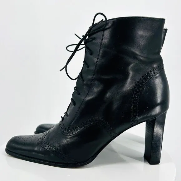 Vintage Ann Taylor Made in Italy Wing Tip Leather High Heel Lace Up Ankle Boots
