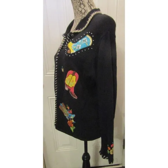 Vintage Arriviste Cardigan Sweater Womens Western Cowboy Boots Beaded Size L