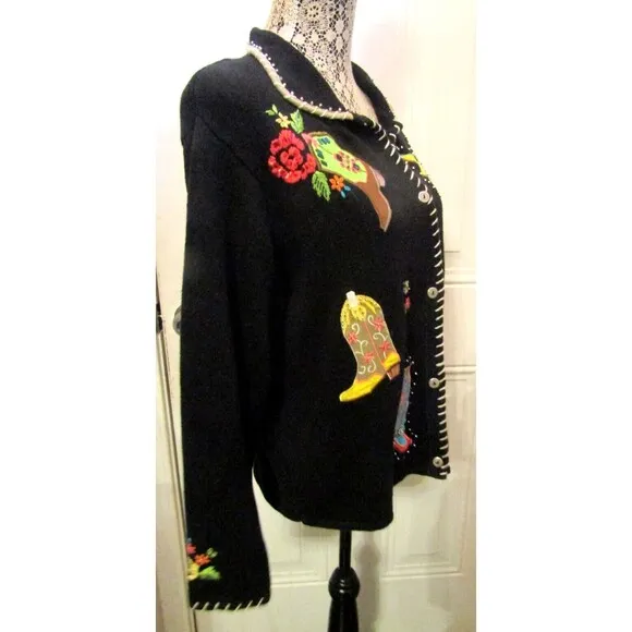 Vintage Arriviste Cardigan Sweater Womens Western Cowboy Boots Beaded Size L