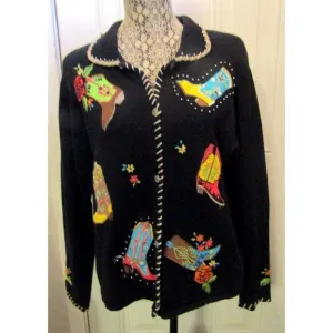 Vintage Arriviste Cardigan Sweater Womens Western Cowboy Boots Beaded Size L