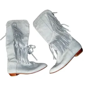 Vintage Baby Blue Fringe Cowgirl Boots Genuine Leather - Size 38 (Fit like a 7)