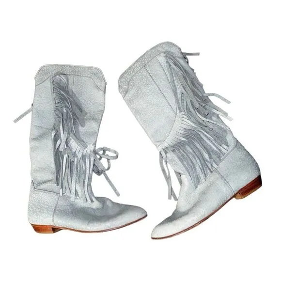 Vintage Baby Blue Fringe Cowgirl Boots Genuine Leather - Size 38 (Fit like a 7)
