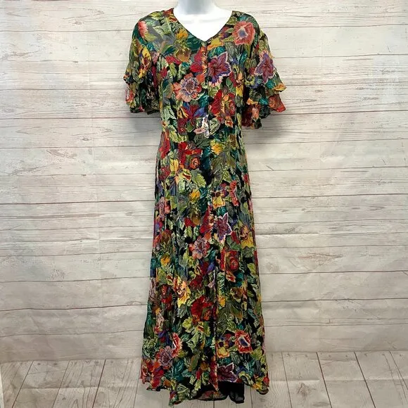Vintage Bila Rayon Floral Crepe Midi Dress