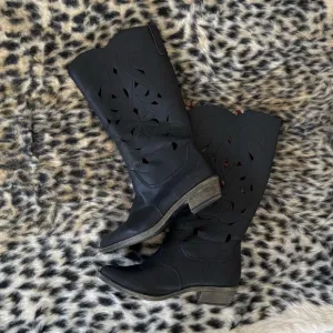 Vintage Black Cutout Eyelet Cowboy Western Boots