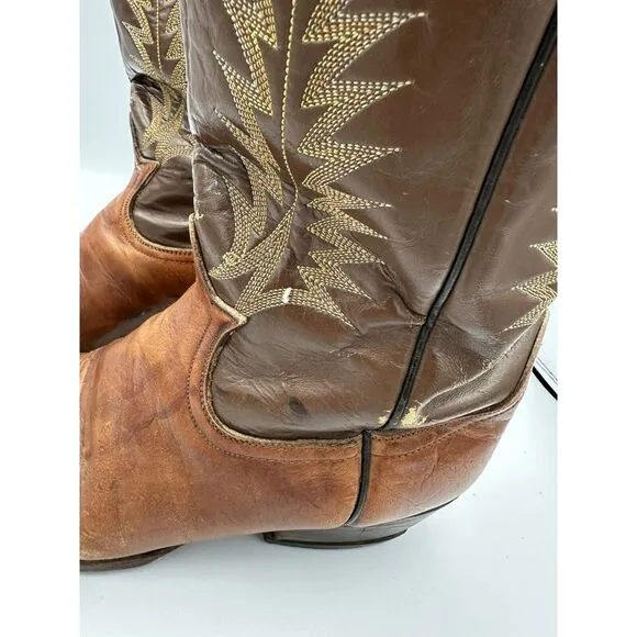 Vintage Black Label Tony Lama Two‎ Tone Brown Leather Boots 4532 Men's Sz 10D