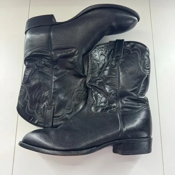 Vintage Black Leather Tony Lama Cowboy Boots Sz 12 Made In Texas USA Western