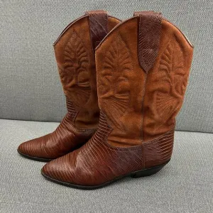 Vintage Brass Plum Western Cowboy Suede‎ &amp; Reptile Skin Boots Made In Mexico 9