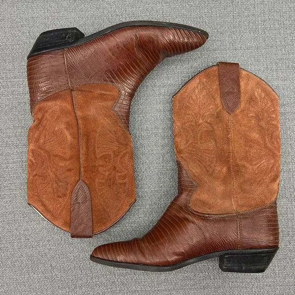 Vintage Brass Plum Western Cowboy Suede‎ &amp; Reptile Skin Boots Made In Mexico 9
