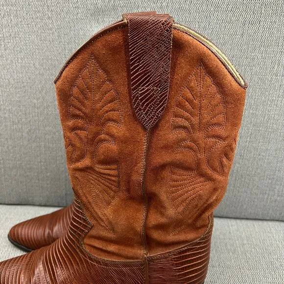 Vintage Brass Plum Western Cowboy Suede‎ &amp; Reptile Skin Boots Made In Mexico 9