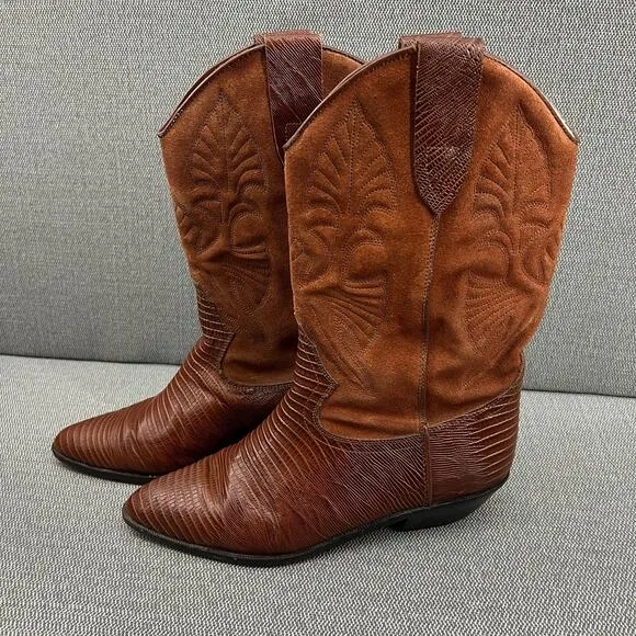 Vintage Brass Plum Western Cowboy Suede‎ &amp; Reptile Skin Boots Made In Mexico 9