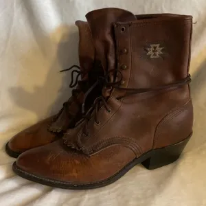 Vintage Brown Kiltie/Packer Lace Up Boots with Embroidery Stitch Detail Sz 8.5