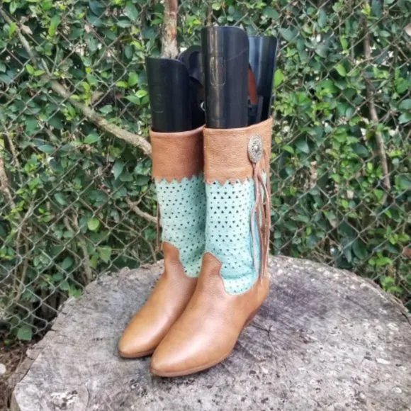 Vintage Calico “Gringo” Brown &amp; Turquoise Boots