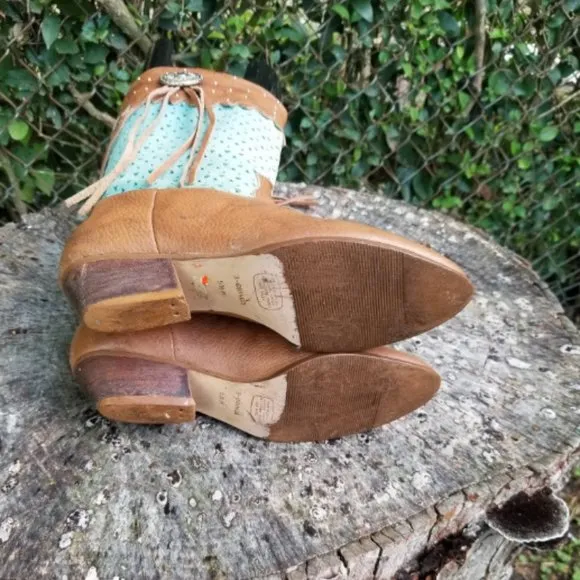 Vintage Calico “Gringo” Brown &amp; Turquoise Boots