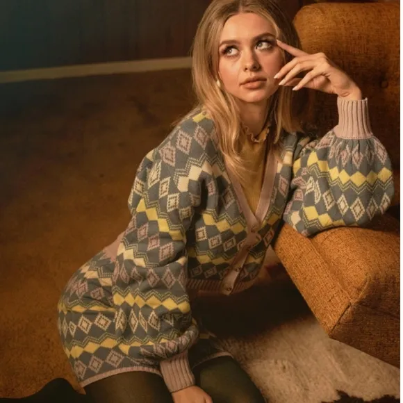 Vintage Chic Geometric Argyle Print Chic 2-Piece Sweater Skirt Set