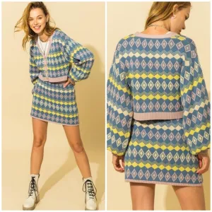 Vintage Chic Geometric Argyle Print Chic 2-Piece Sweater Skirt Set