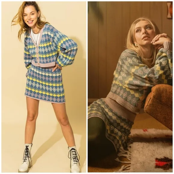 Vintage Chic Geometric Argyle Print Chic 2-Piece Sweater Skirt Set