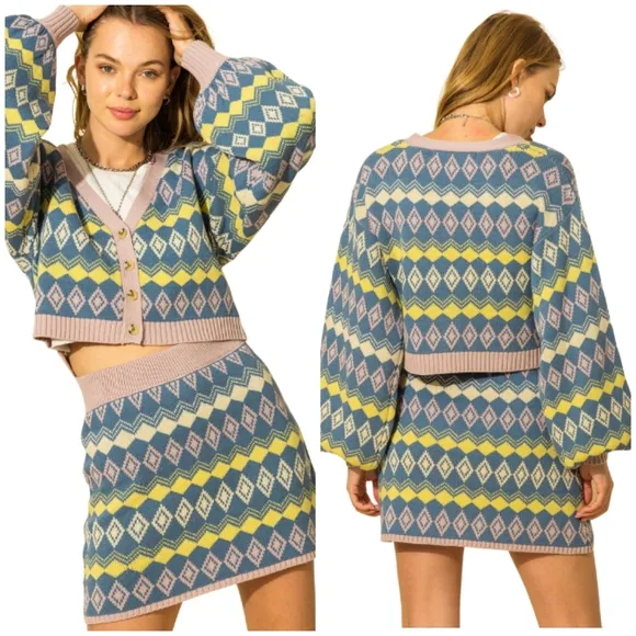 Vintage Chic Geometric Argyle Print Chic 2-Piece Sweater Skirt Set