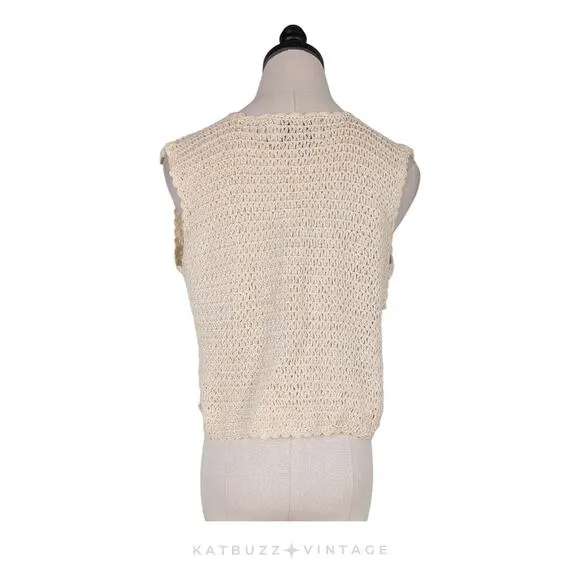 Vintage Crochet Sweater Vest M Cream Floral Boho 90S Grunge Cottage Handmade