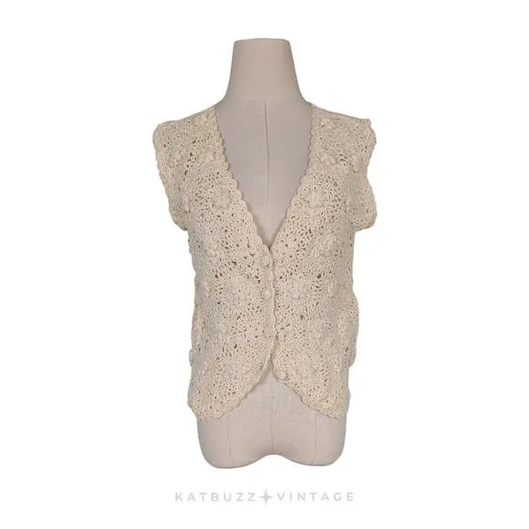 Vintage Crochet Sweater Vest M Cream Floral Boho 90S Grunge Cottage Handmade