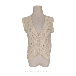 Vintage Crochet Sweater Vest M Cream Floral Boho 90S Grunge Cottage Handmade