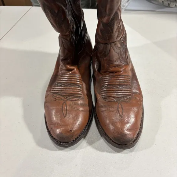Vintage DAN POST Boots Mens 8 Cowboy Western Brown Leather Embroidered
