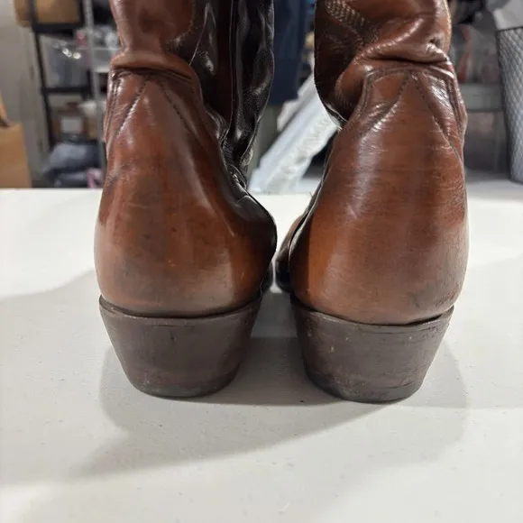 Vintage DAN POST Boots Mens 8 Cowboy Western Brown Leather Embroidered