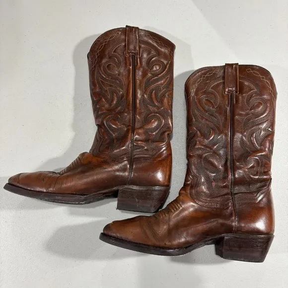 Vintage DAN POST Boots Mens 8 Cowboy Western Brown Leather Embroidered