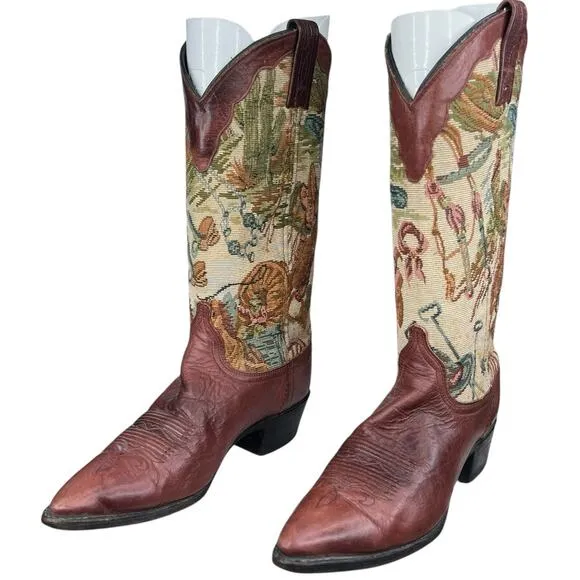Vintage Dan Post Women’s Tapestry Brown Leather Cowgirl Boot Size US 7.5